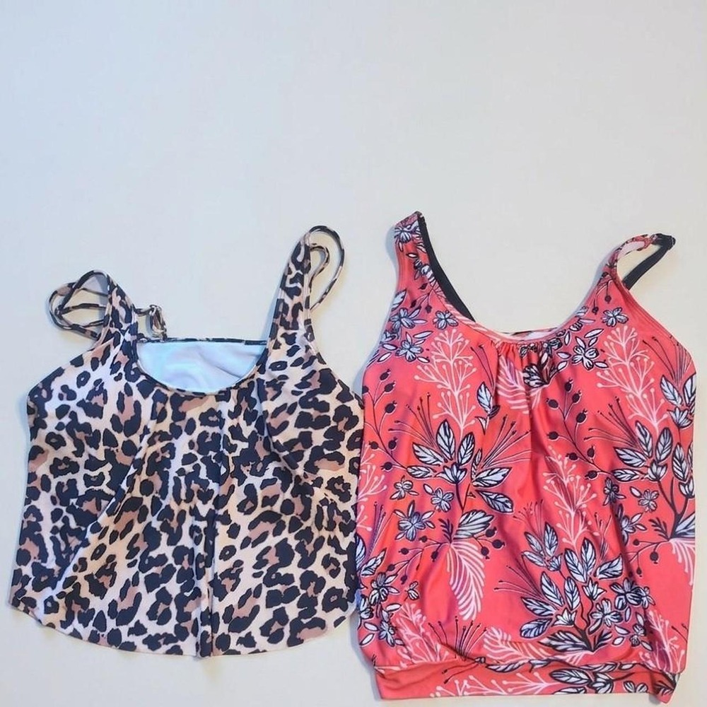Lot of 2 Womens Swim Tankini Tops Leopard Animal Print Coral Floral Size XL
